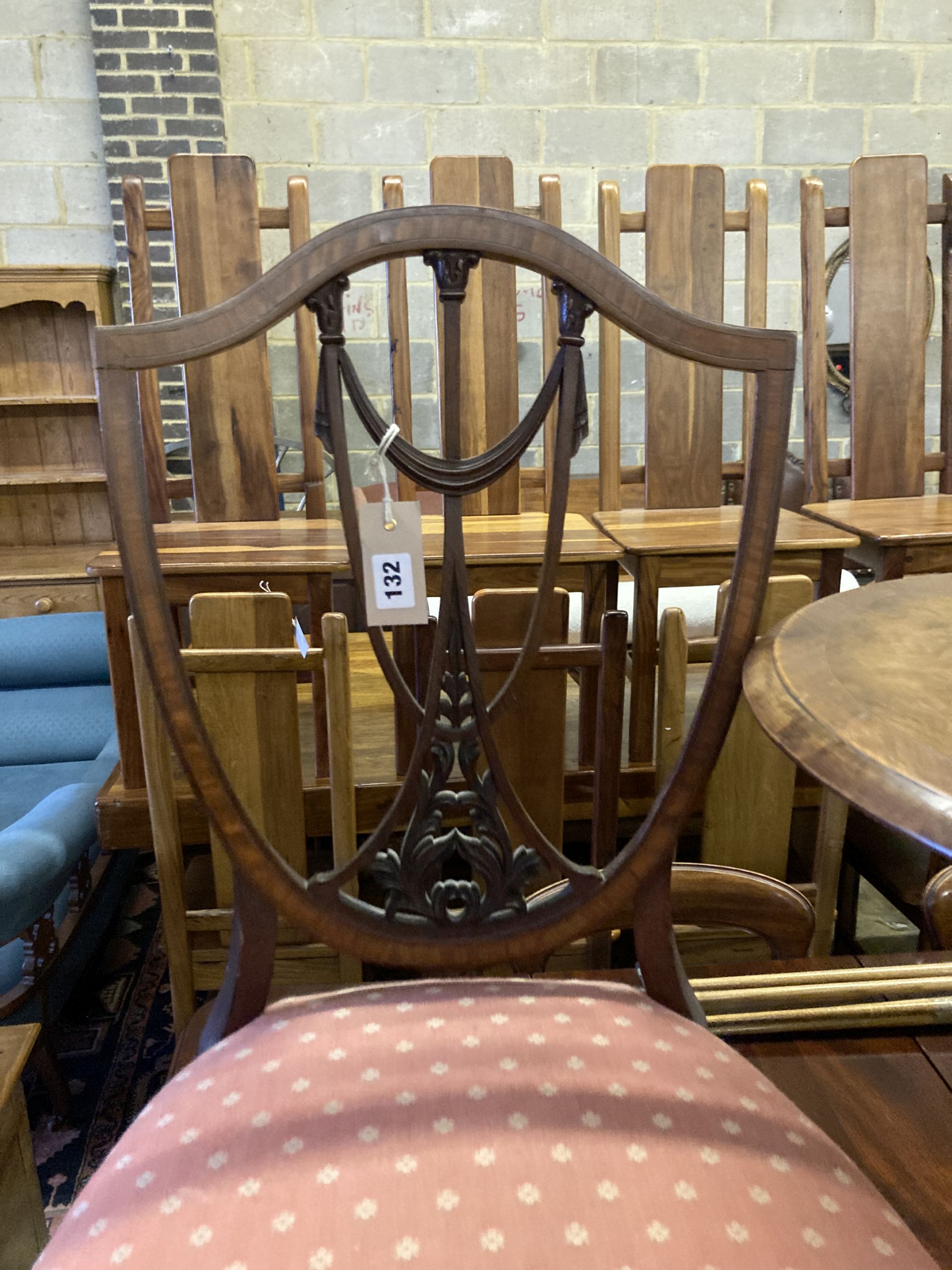 A Victorian burr walnut circular tripod wine table, 48cm diameter, height 70cm and an Edwardian satinwood banded salon chair